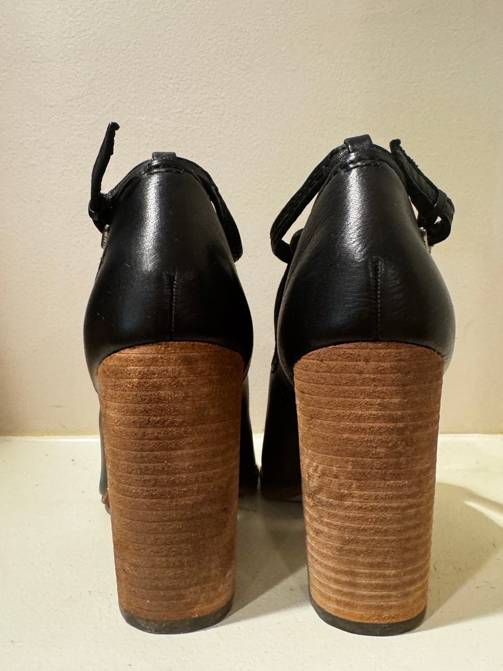 Black Leather Frye Block Heel Pumps with Cutout and Ankle Strap - Picture 3 of 5